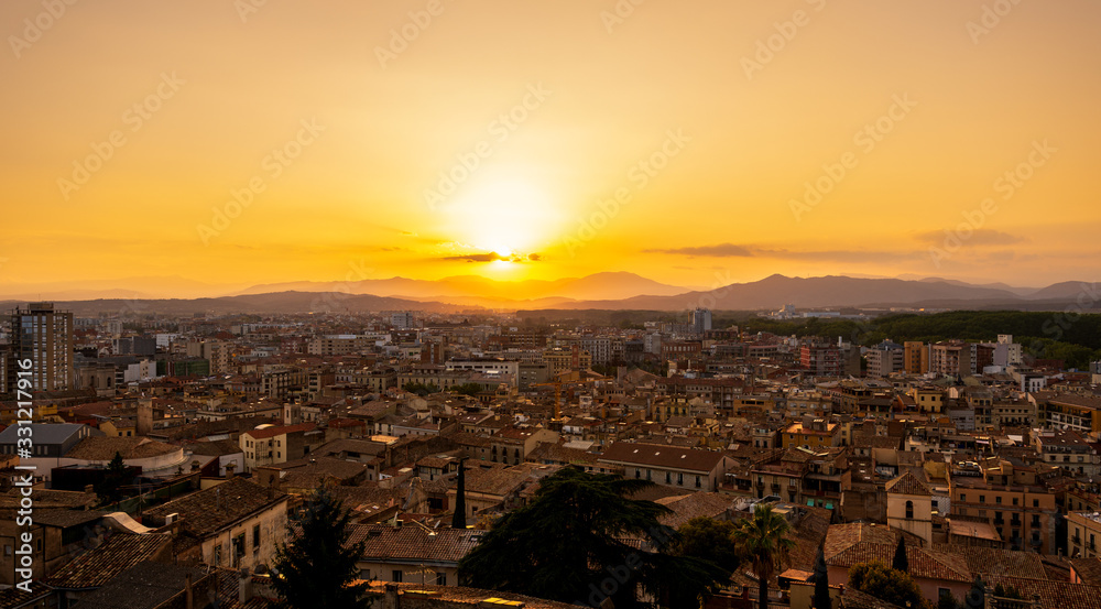 Panoramic landscape of the medieval city of Girona with the Cathedral of Gerona,Catalonia,Spain