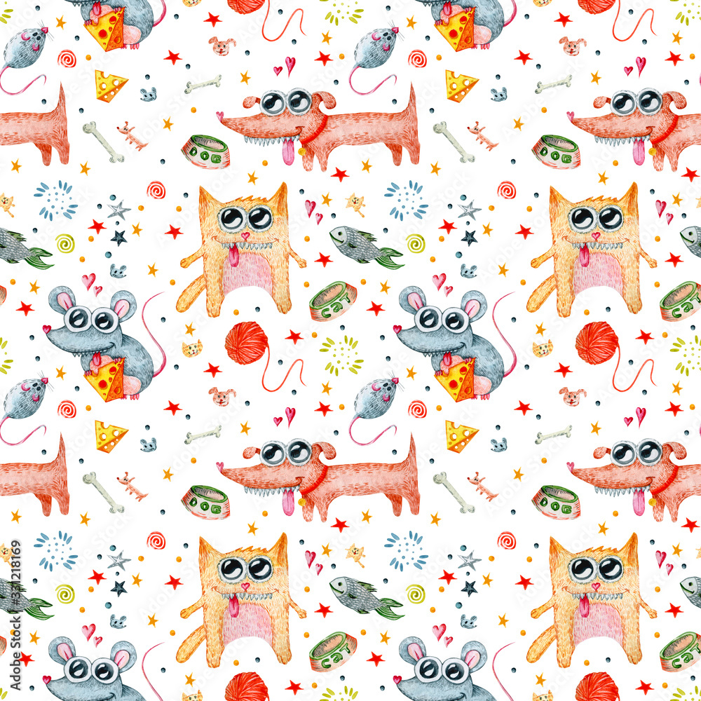 Watercolor cute and crazy cat, dog and mouse. Hand painted watercolor illustration isolated on white background. Design for baby nursery, fabric, wrapping paper, textile, kids clothes cloth