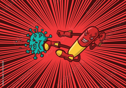 capsule medicine hero jump kick to virus covid-19