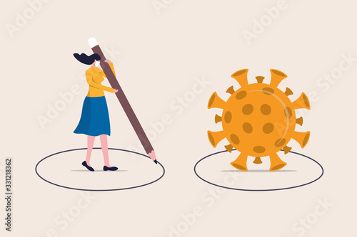 Social distancing, keep distance in public society people to protect from COVID-19 coronavirus outbreak spreading concept, woman keep distance away by drawing circle with virus pathogens