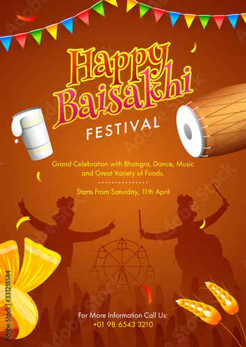 Happy Baisakhi Festival Celebration Flyer Design with Dhol, Turban, Wheat Ear and Event Message Details on Brown Background.
