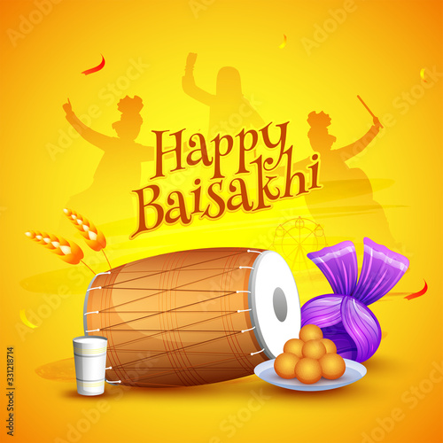 Illustration of Dhol with Turban, Wheat Ear, Indian Sweet (Laddu), Glass of Lassi and Silhouette Punjabi People Dancing on Yellow Background for Happy Baisakhi Celebration.