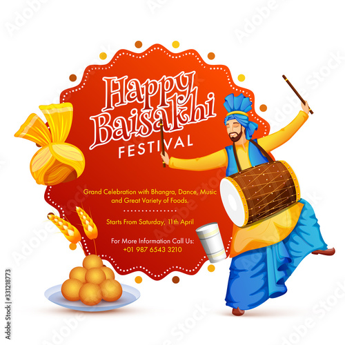 Happy Baisakhi Festival Invitation Card with Punjabi Man Playing Dhol in Bhangra Pose, Turban, Wheat Ear and Indian Sweet (Laddu) on White Background.