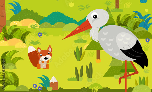 cartoon scene with different european animals in the forest illustration