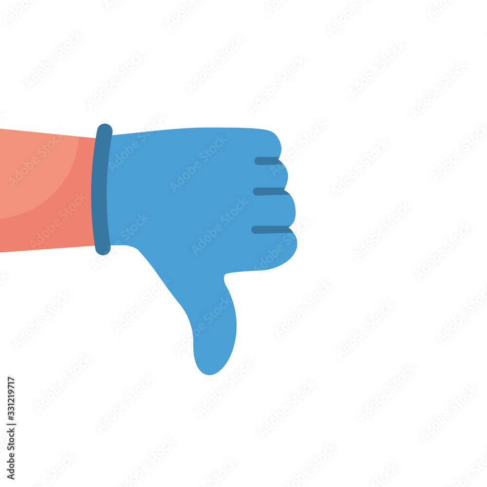 Medical dislike icon. Human hand in blue glove with thumb down. Vector illustration flat design. Isolated on white background. Quarantined man in protective gloves. Disapprove cartoon sign. Medical dislike icon. Human hand in blue glove with thumb down. Vector illustration flat design. Isolated on white background. Quarantined man in protective gloves. Disapprove cartoon sign.