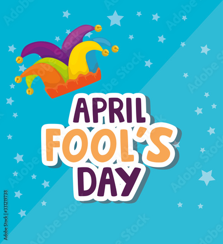 april fool day with hat jester and icons vector illustration design