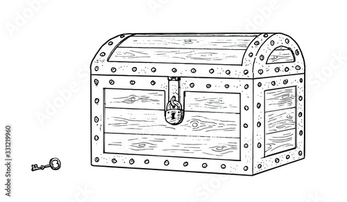 Drawing of treasure wooden chest - hand sketch of old fashioned furniture, black and white illustration