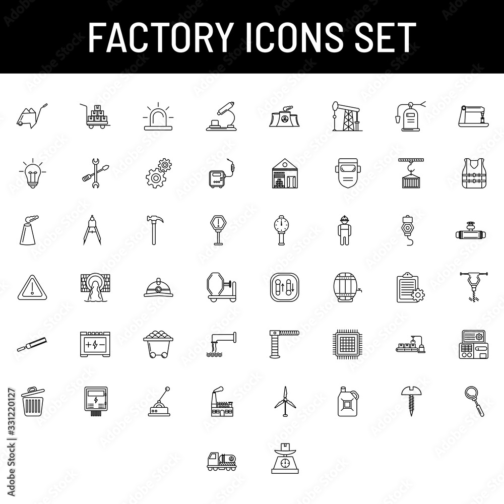 Black outline Factory icon set on white background.