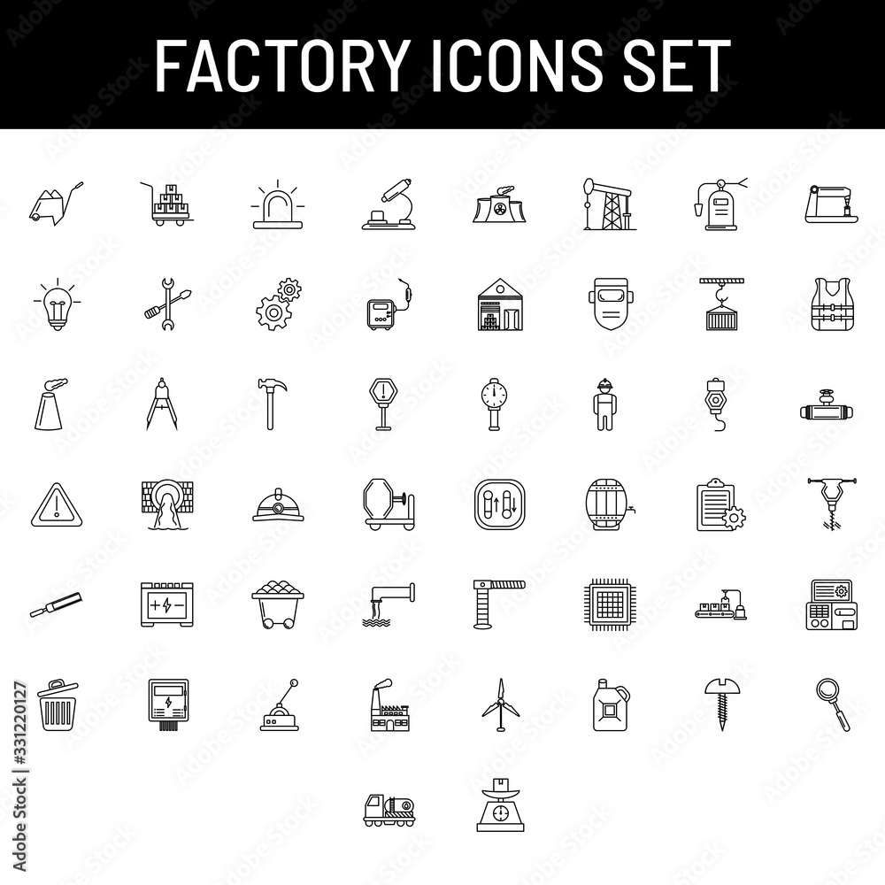 Fototapeta premium Black outline Factory icon set on white background.