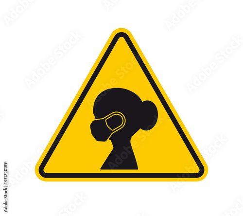Vector yellow triangle sign - black silhouette woman with medical face mask. Isolated on white background.
