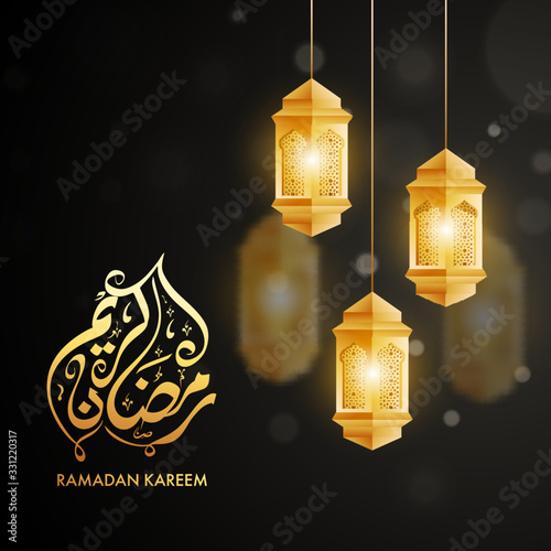 Golden Arabic Calligraphy of Ramadan Kareem Text with Hanging Illuminated Lanterns Decorated on Black Background.