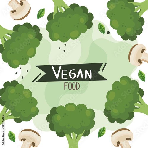 Plakat vegan food poster with frame of broccoli and mushroom vector illustration design