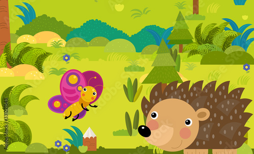 cartoon scene with different european animals in the forest illustration