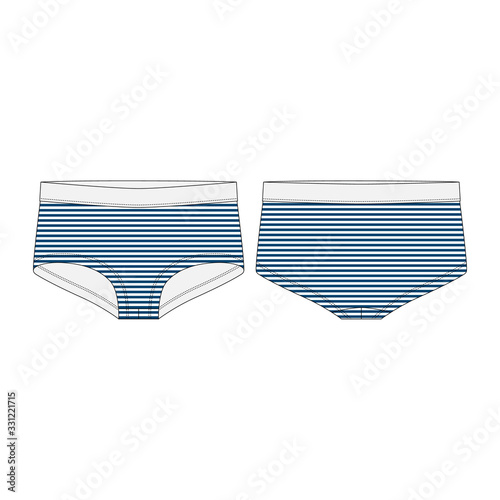 Women panties in blue stripes fabric isolated on white background. Lady underpants technical sketch.