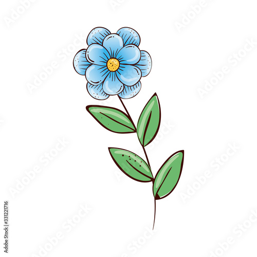 cute flower blue with branch and leafs isolated icon vector illustration design
