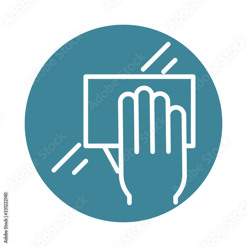 virus covid 19 pandemic hand with cloth disinfecting block line style icon