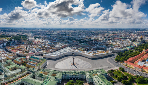 Aerial panorama of Saint Petersburg, Russia, the Hermitage museum, Winter Palace, Palace Square, green roofs, Alexander column, Arch of General Staff, yard of Hermitage,  Neva river, embankment
