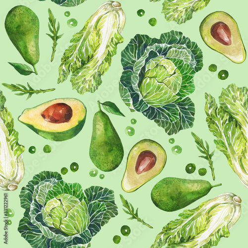 Watercolor botanical print of green vegetables. Detox diet, proper nutrition. Green cabbage, avocado. smoothie on a green background. Isolated seamless print. Wrapping paper, pattern for fabric. 