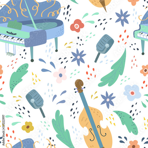 Seamless childish pattern with trendy Musical instrument. Creative guitar. Kids texture for fabric, wrapping, textile, wallpaper, apparel. Vector illustration