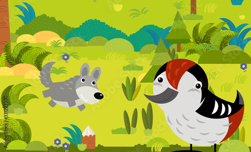 cartoon scene with different european animals in the forest illustration