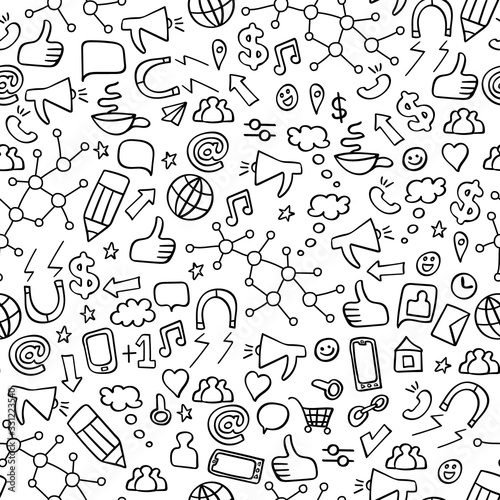 Seamless pattern with hand drawn social media elements. Internet technology background. Vector illustration.