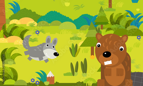 cartoon scene with different european animals in the forest illustration