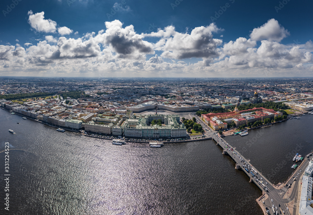 Aerial panorama of Saint Petersburg, Russia, the Hermitage museum, Winter Palace, Palace Square, green roofs, Alexander column, Arch of General Staff, yard of Hermitage,  Neva river, embankment
