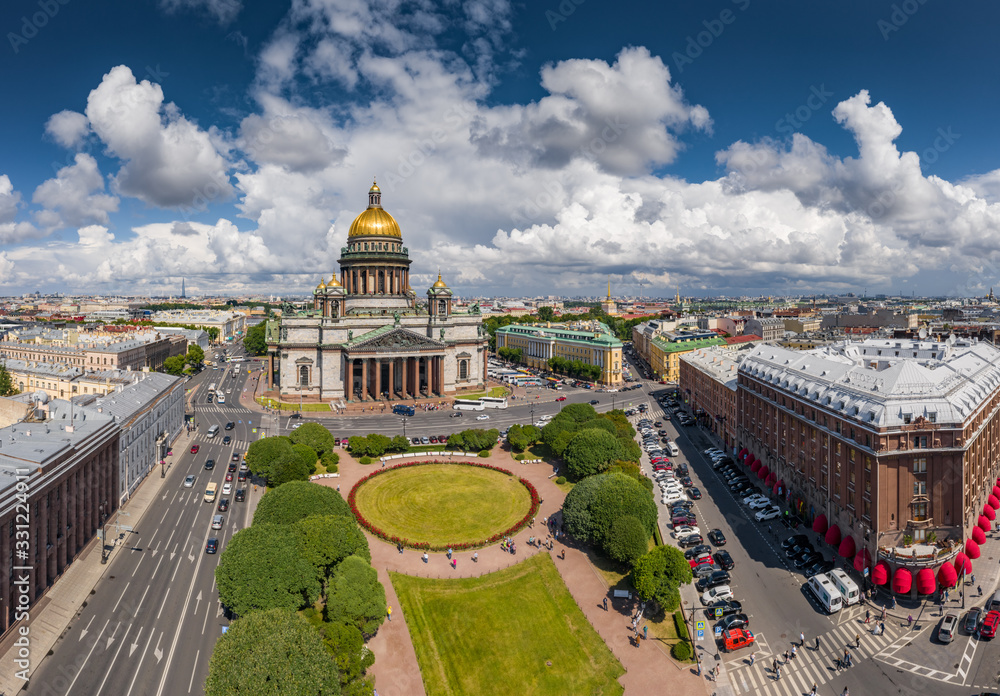 Aerial photo panorama of Isaac cathedral at day time, panorama of city, cityscape, golden dome, Neva river, square, streets and roofs of city