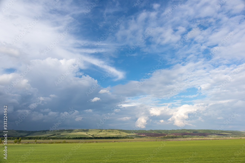 green field and blue sky with white clouds