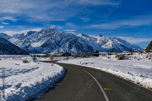 Road trip in New Zealand with snow mountains in winter