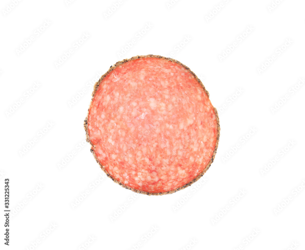 Slice of delicious smoked sausage isolated on white