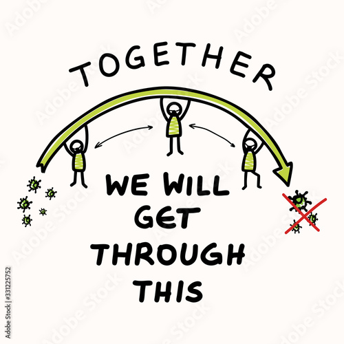 Support each other corona virus covid 19 stickman infographic. Community world wide help social media clipart. World wide viral pandemic message. Together we will get through this poster square banner