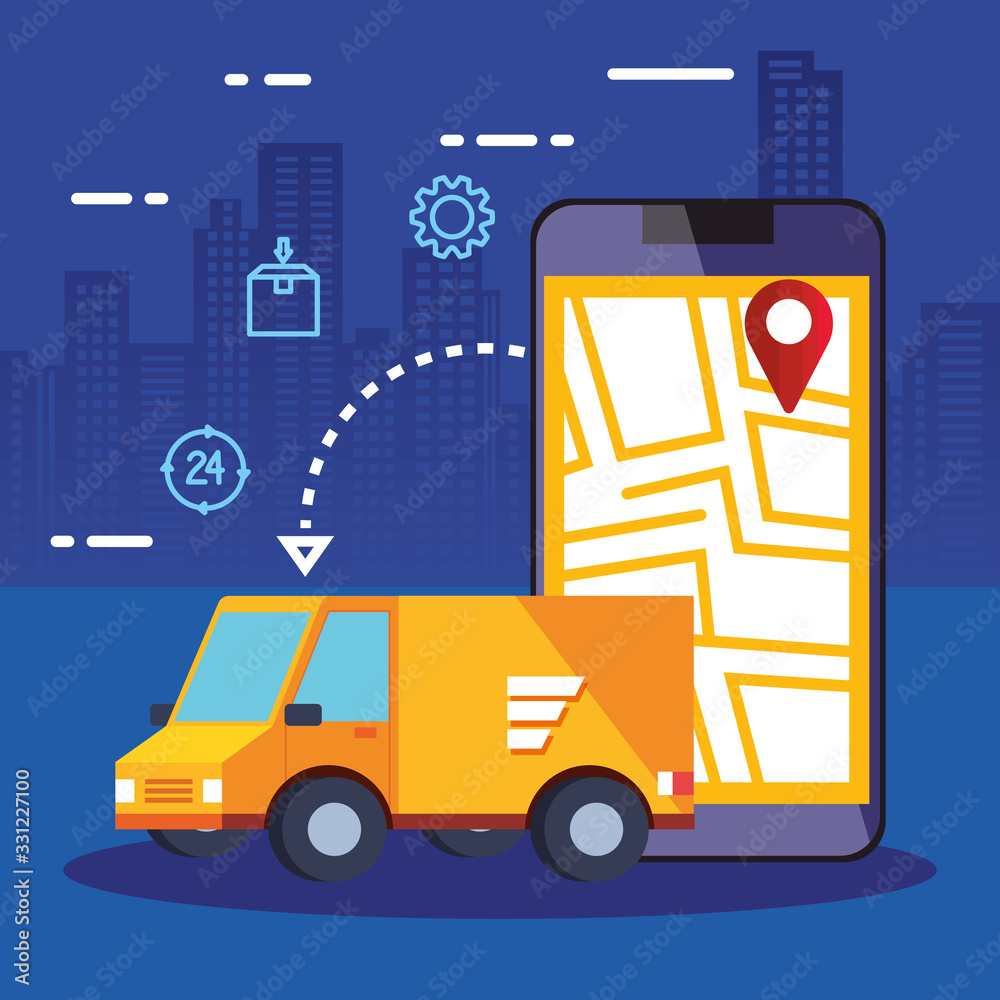 smartphone with app logistic service and van vector illustration design