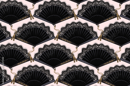 .Vintage black lace folding fan. Geometric seamless pattern. Vector illustration.