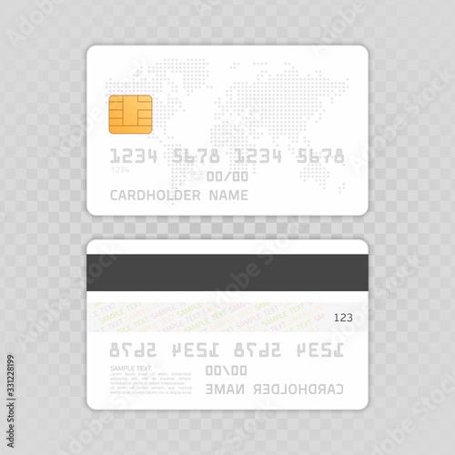 Mockup Credit Card with worlds map. Empty plastic card template isolated on transparent background. Realistic style. Business and finance concept. Vector illustration EPS 10.