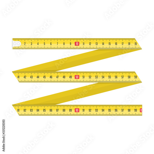 Yellow Measuring tape for tool roulette or ruler. Tape measure template in centimeters. Tapes meter set isolated on white background. Vector illustration in realistic style. EPS 10.