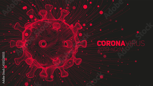 Vector red Coronavirus pathogen spreading concept on a dark background. Minimal 3d wireframe virus and infection pathways. Pandemic concept. Design for banner information, flyer, poster, etc.