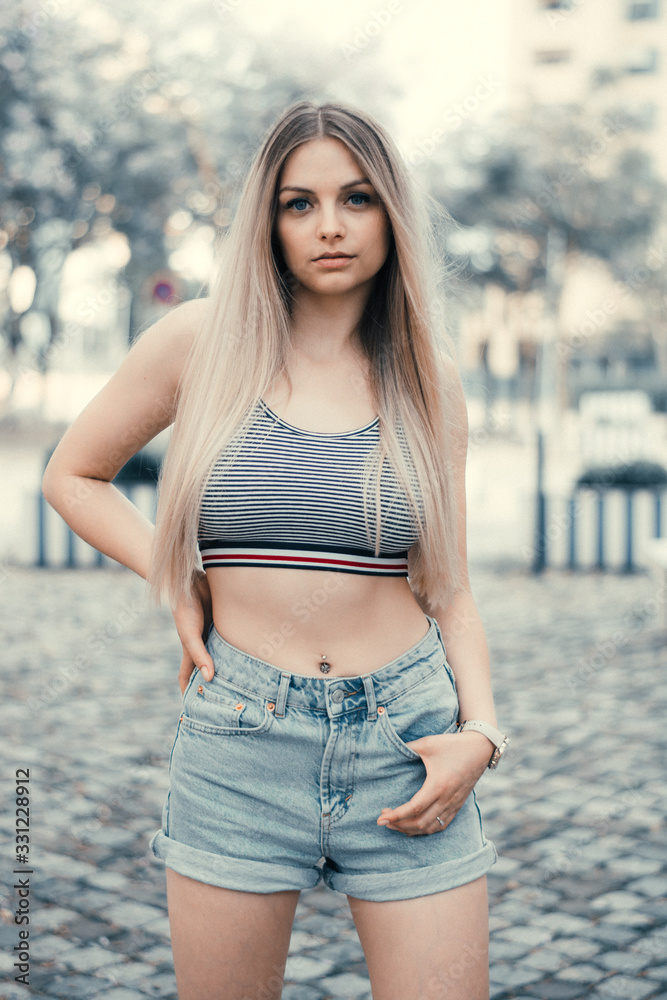 sexy blonde with long hair in shorts sexy blonde with long hair in shorts
