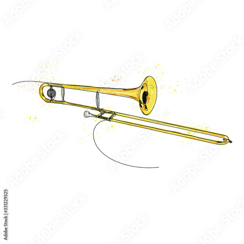 trombone disegnato in una singola linea continua e colorato in stile acquarello