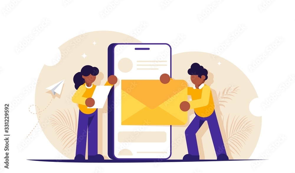 Email marketing concept. People send or receive a letter using a mobile phone. Business correspondence or promotional messages. Modern flat vector illustration.