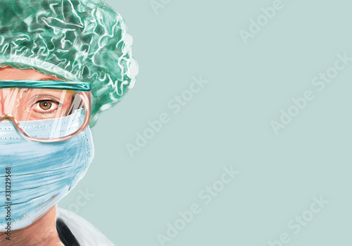 metà viso di medico donna con protezioni, maschera, occhiali e cuffia. fondo verdino. copyspace photo