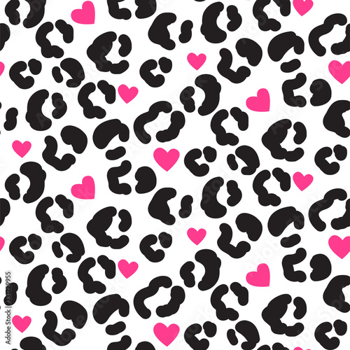 Leopard print pattern with spots and hearts. Black and white leopard abstract skin print.