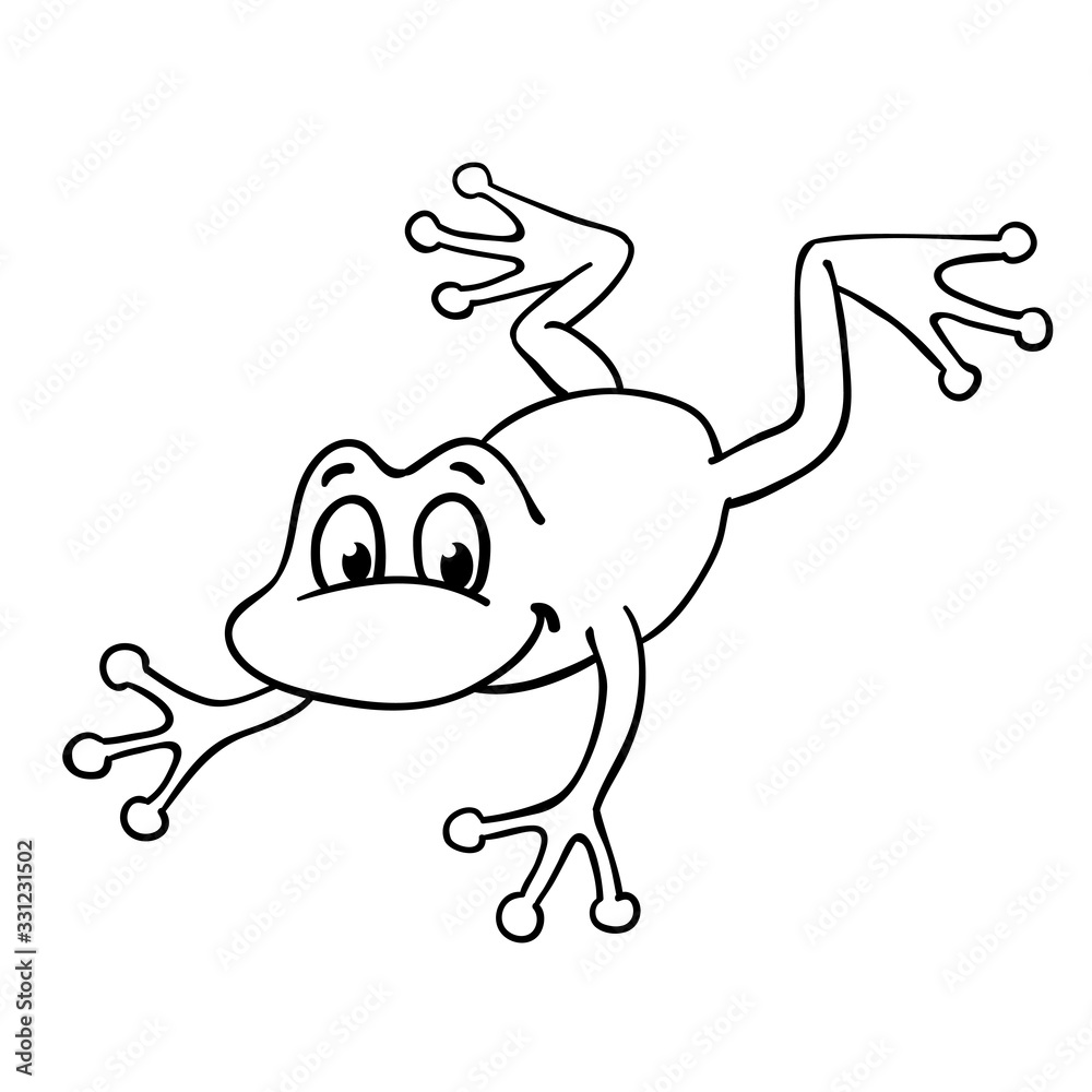 Little jumping frog in cartoon style, drawing in black outline. Isolated on white background. Vector illustration. Little jumping frog in cartoon style, drawing in black outline. Isolated on white background. Vector illustration.