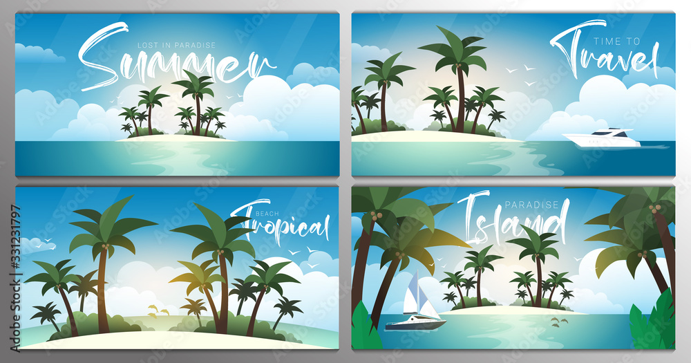 Set of banners. Tropical Island Beach with palms. Summer Time. Beautiful Sea Landscape.