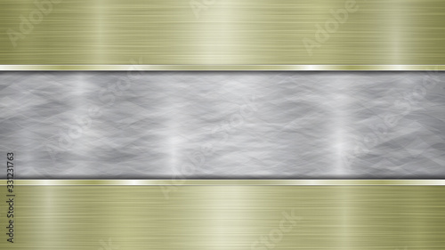Background consisting of a silver shiny metallic surface and two horizontal polished golden plates located above and below, with a metal texture, glares and burnished edges