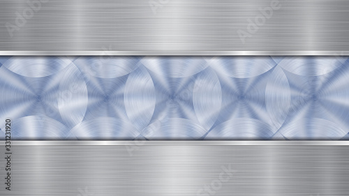 Background consisting of a blue shiny metallic surface and two horizontal polished silver plates located above and below, with a metal texture, glares and burnished edges