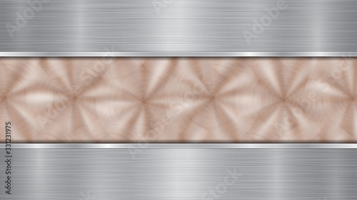 Background consisting of a bronze shiny metallic surface and two horizontal polished silver plates located above and below, with a metal texture, glares and burnished edges