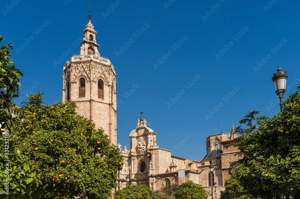 Valencia - Plaza de la Reina and the Cathedral of Valencia with its Bell Tower Micalet.