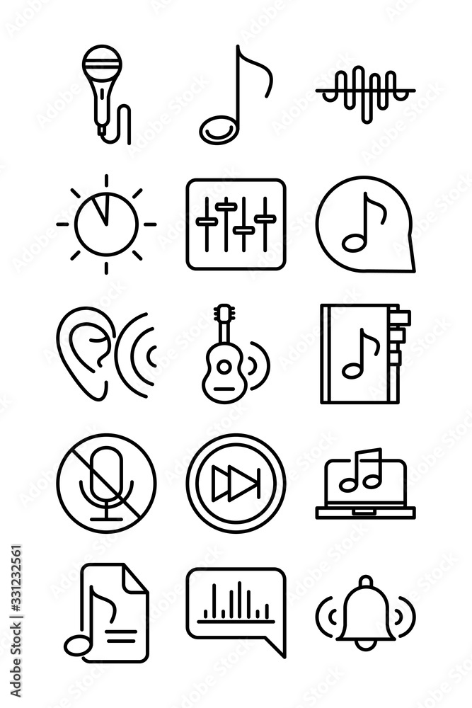 sound audio volume music line style icons set