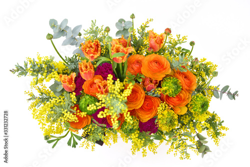 Flower arrangement on white background : Ranunculus, tulip, mimosa, eucalyptus, carnation, dracaena